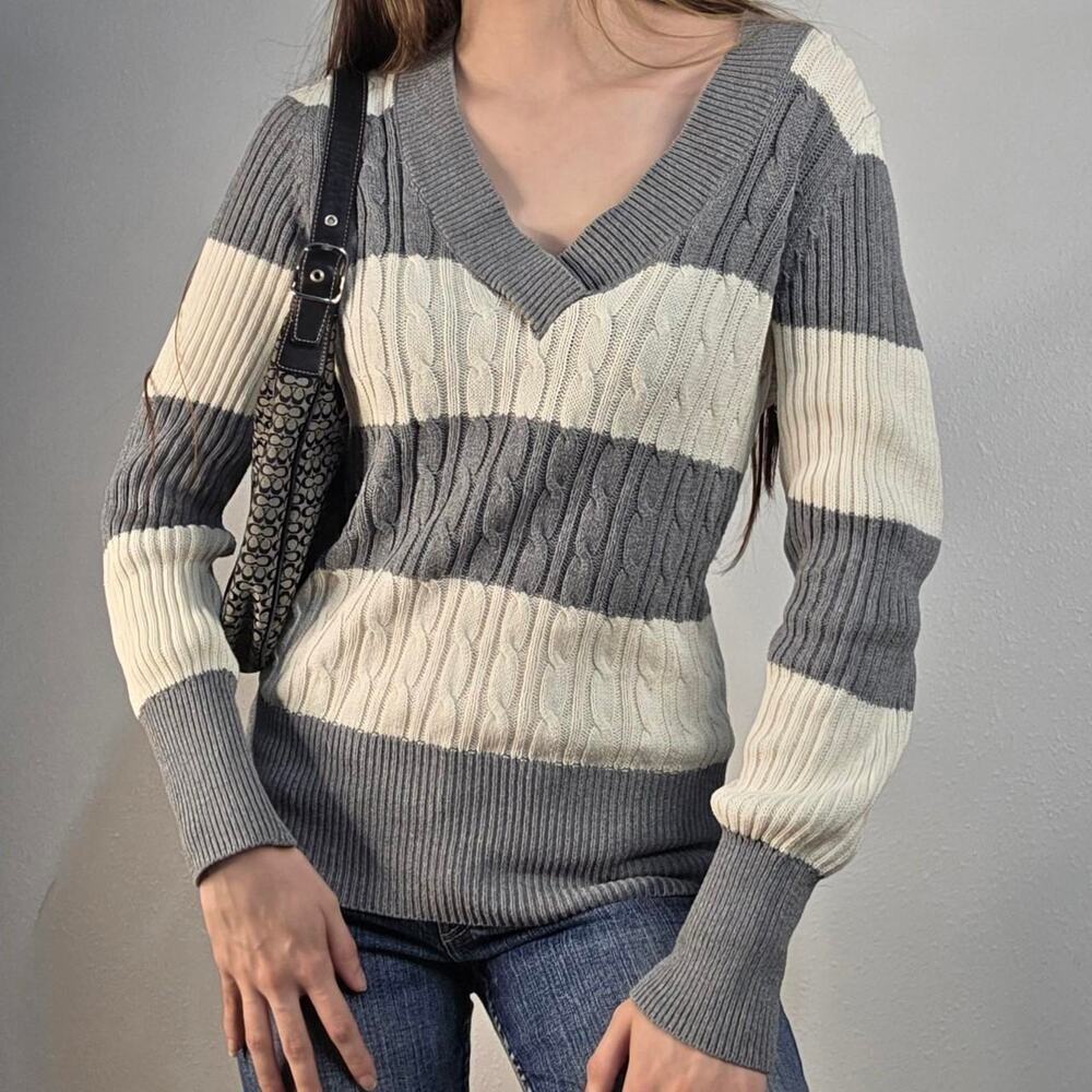 Y2K Cable Knit Striped Sweater Gray White V-Neck Cotton